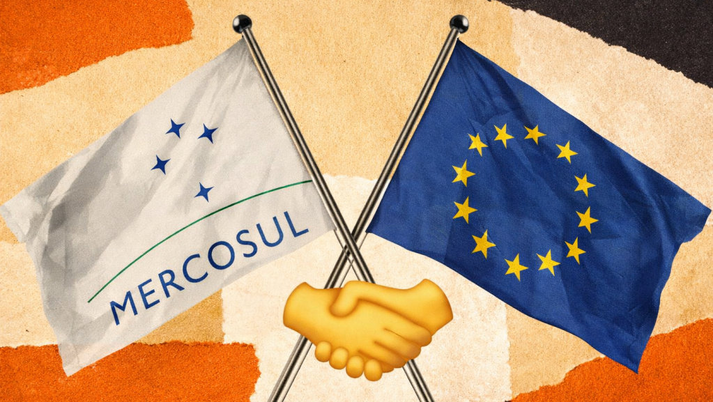 Bandeiras do Mercosul e da UE cruzadas com emoji de aperto de mãos, simbolizando acordo entre blocos.