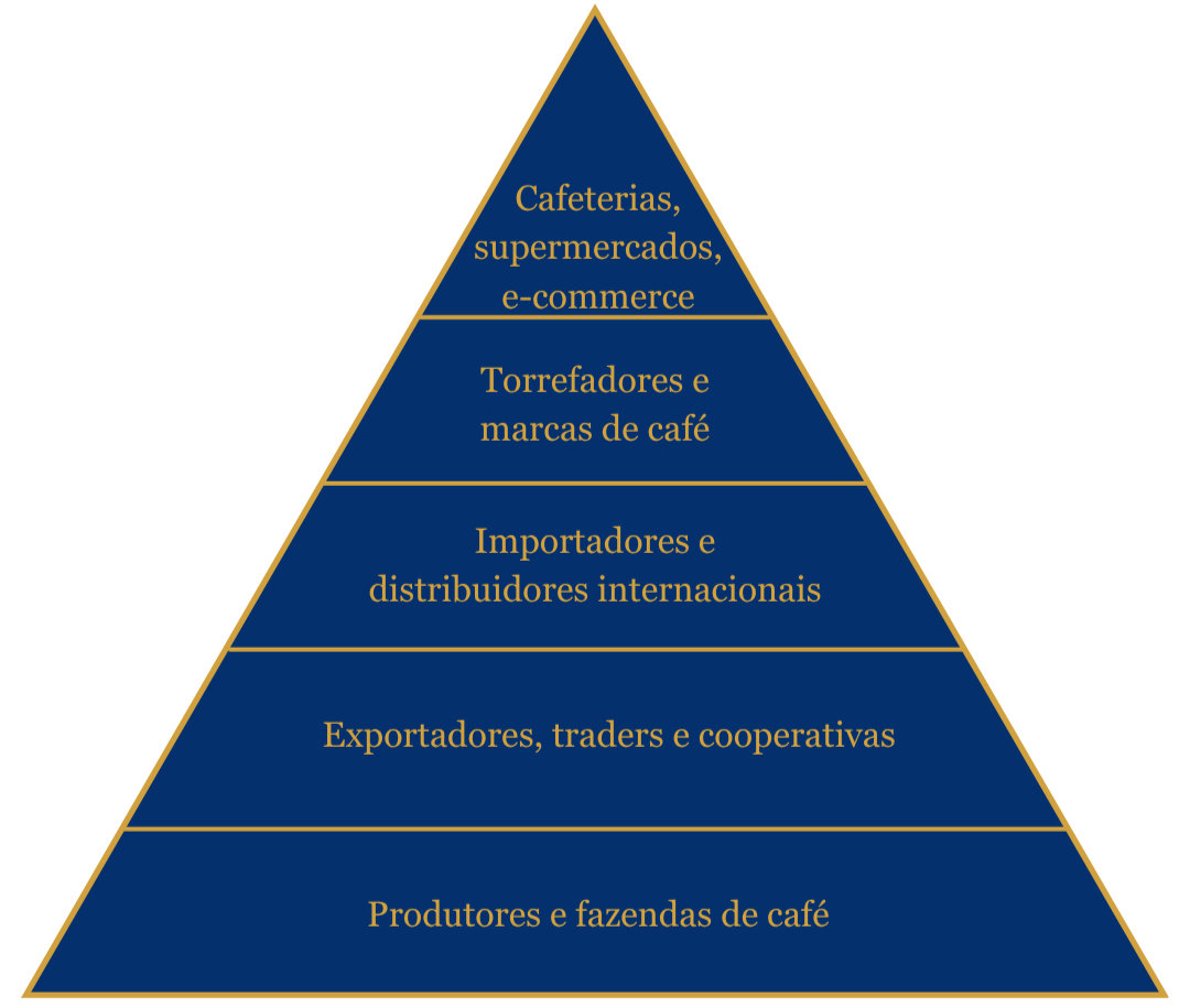 Pirâmide azul com texto em cinco camadas: cafeterias, torrefadores, importadores, exportadores e produtores de café.