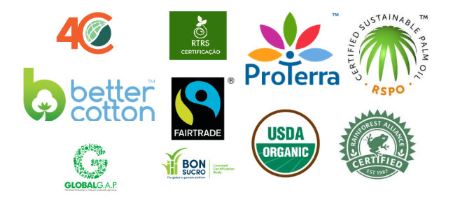 Logos de certificações sustentáveis, incluindo Fairtrade, USDA Organic, Better Cotton e Rainforest Alliance, com cores variadas e formas distintas.