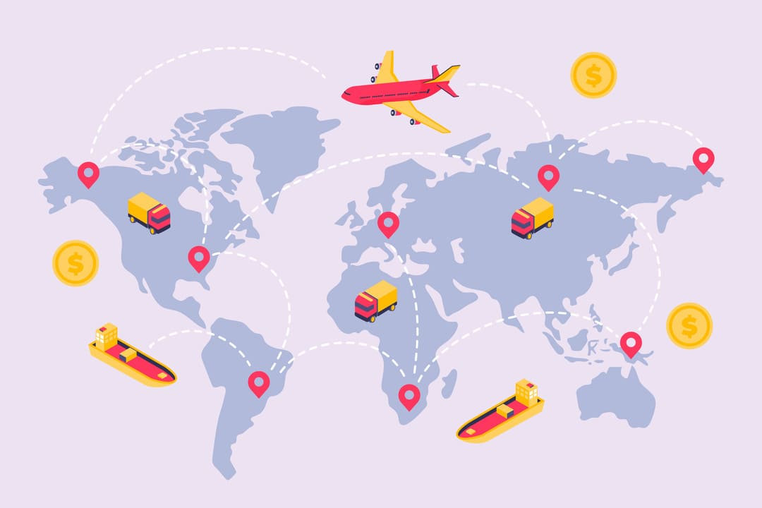 mapa-múndi com rotas de transporte internacional